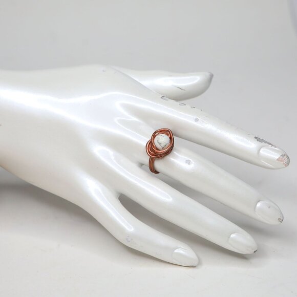 Handmade Copper Wire Wrapped Ring | White Ceramic Bead Grey Veins | Bohemian - Picture 4 of 7